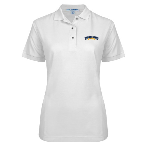  Womens Silk Touch White Pique Polo - Wordmark