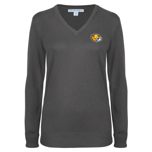  Womens Charcoal Heather VNeck Sweater - Mascot Head