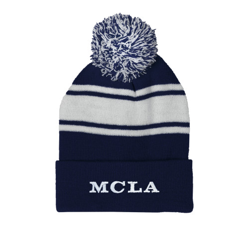 Navy/White Two Tone Knit Pom Beanie w/Cuff - MCLA