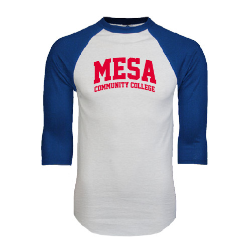  White/Royal Raglan Baseball T Shirt - Mesa Community College Arched