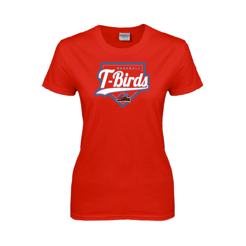  Womens Short Sleeve Red Tee - T-Birds Baseball w/ Plate