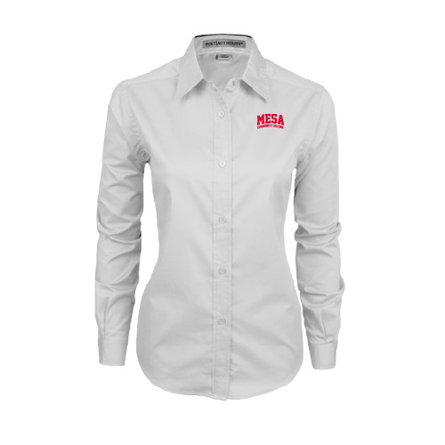  Womens White Twill Button Down Long Sleeve - Mesa Community College Arched