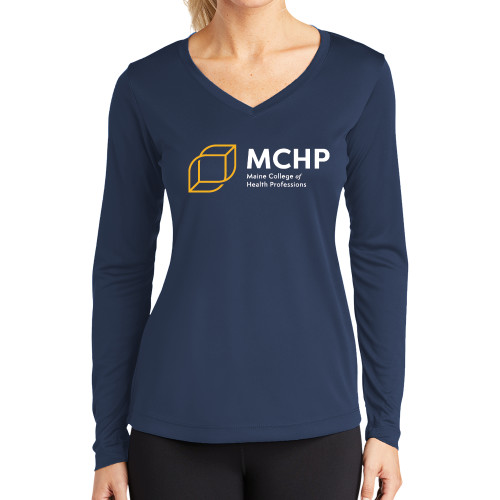  Womens Navy Performance Long Sleeve V Neck Shirt - Primary Mark