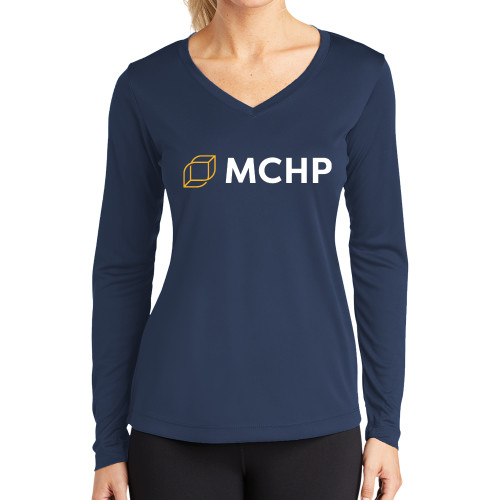  Womens Navy Performance Long Sleeve V Neck Shirt - Secondary Mark