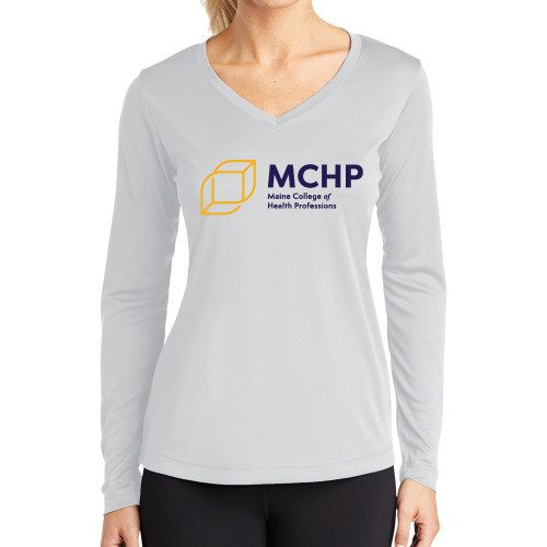  Womens White Performance Long Sleeve V Neck Shirt - Primary Mark