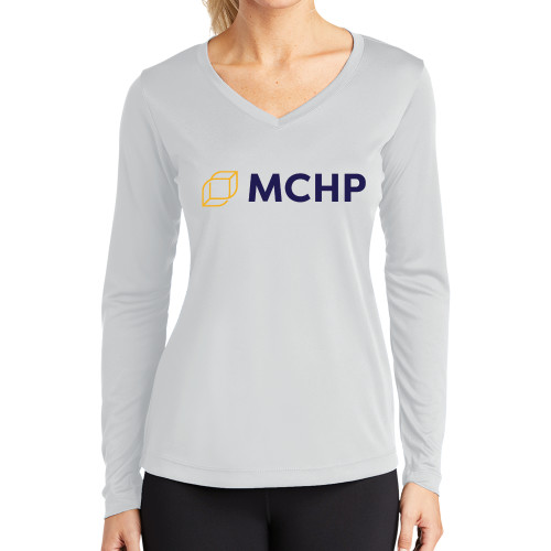  Womens White Performance Long Sleeve V Neck Shirt - Secondary Mark