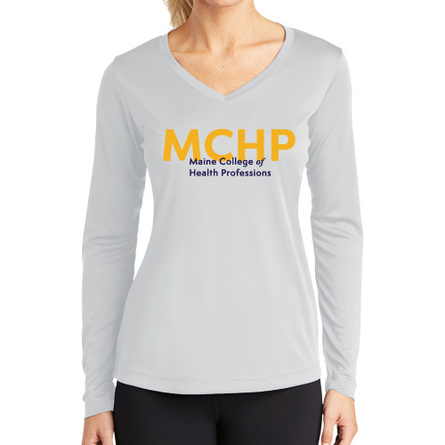  Womens White Performance Long Sleeve V Neck Shirt - Overlapping