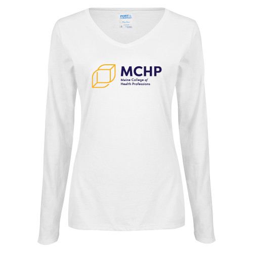  Womens White Long Sleeve V Neck Tee - Primary Mark