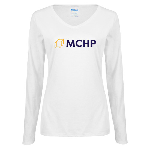  Womens White Long Sleeve V Neck Tee - Secondary Mark