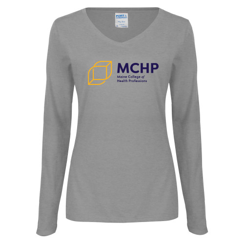  Womens Grey Long Sleeve V Neck Tee  - Primary Mark
