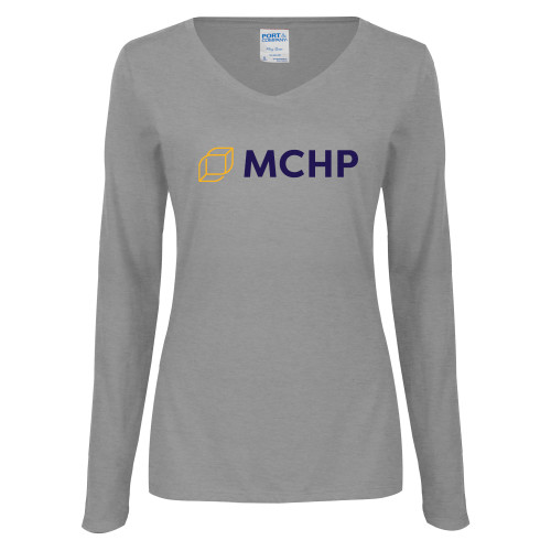  Womens Grey Long Sleeve V Neck Tee  - Secondary Mark
