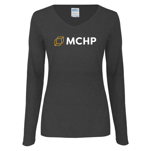  Womens Dark Heather Long Sleeve V Neck Tee  - Secondary Mark