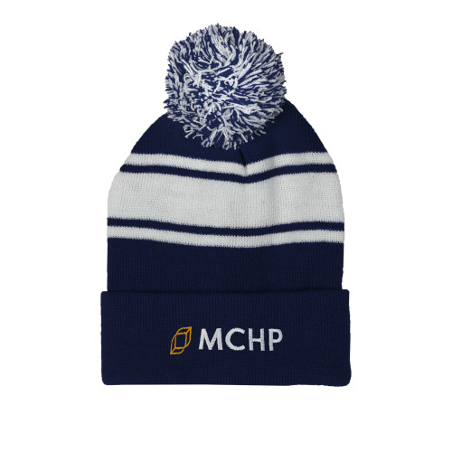  Navy/White Two Tone Knit Pom Beanie w/Cuff - Secondary Mark