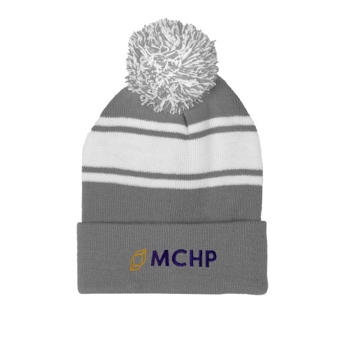  Grey/White Two Tone Knit Pom Beanie w/Cuff - Secondary Mark