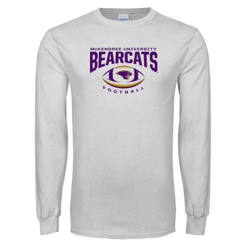  White Long Sleeve T Shirt - Bearcats Football Arched Over Ball