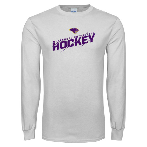  White Long Sleeve T Shirt - McKendree University Hockey Slashed