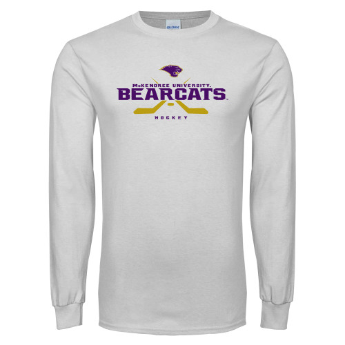  White Long Sleeve T Shirt - Bearcats Hockey Crossed Sticks