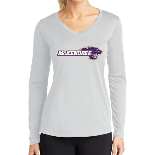  Womens White Performance Long Sleeve V Neck Shirt - Primary Mark