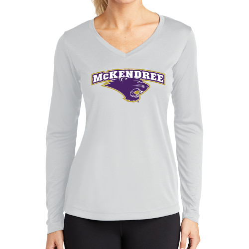  Womens White Performance Long Sleeve V Neck Shirt - Secondary Mark