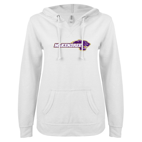  ENZA Womens White V Notch Raw Edge Fleece Hoodie - Primary Mark