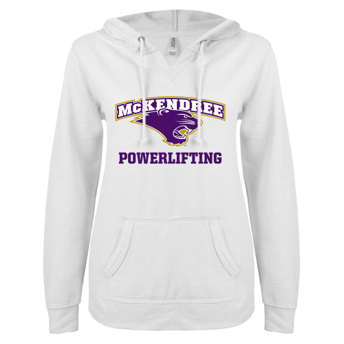  Univ ENZA Womens White V Notch Raw Edge Fleece Hoodie - Powerlifting