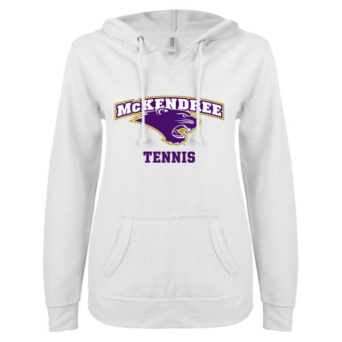  Univ ENZA Womens White V Notch Raw Edge Fleece Hoodie - Tennis