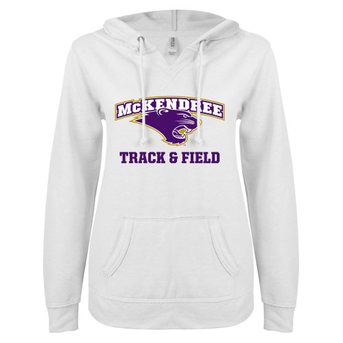  Univ ENZA Womens White V Notch Raw Edge Fleece Hoodie - Track and Field
