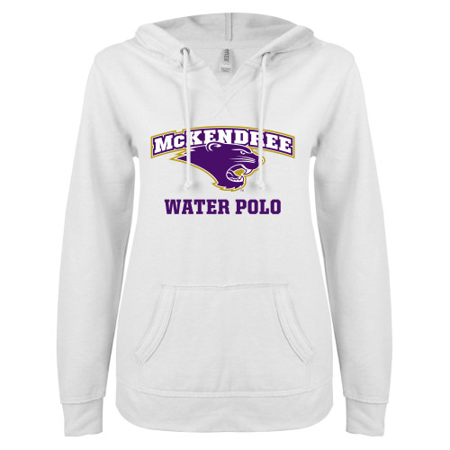  Univ ENZA Womens White V Notch Raw Edge Fleece Hoodie - Water Polo