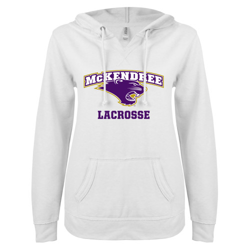  Univ ENZA Womens White V Notch Raw Edge Fleece Hoodie - Lacrosse