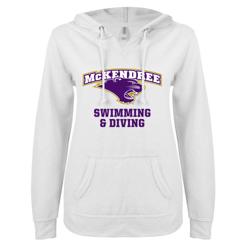  Univ ENZA Womens White V Notch Raw Edge Fleece Hoodie - Swimming and Diving