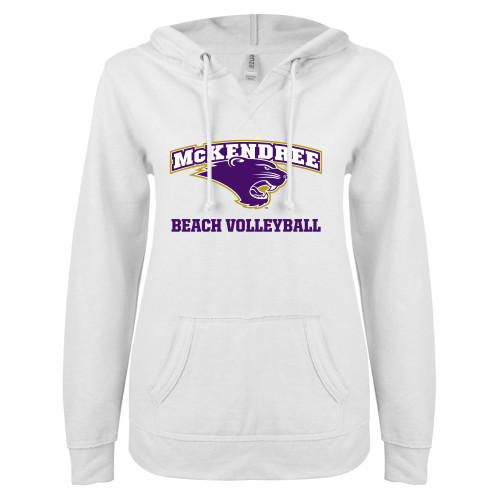  Univ ENZA Womens White V Notch Raw Edge Fleece Hoodie - McKendree Volleyball