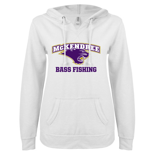  Univ ENZA Womens White V Notch Raw Edge Fleece Hoodie - McKendree Bass Fishing