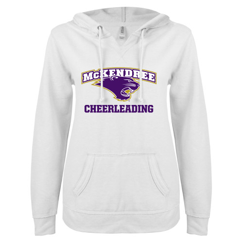  Univ ENZA Womens White V Notch Raw Edge Fleece Hoodie - McKendree Cheerleading