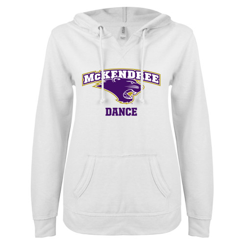  Univ ENZA Womens White V Notch Raw Edge Fleece Hoodie - McKendree Dance