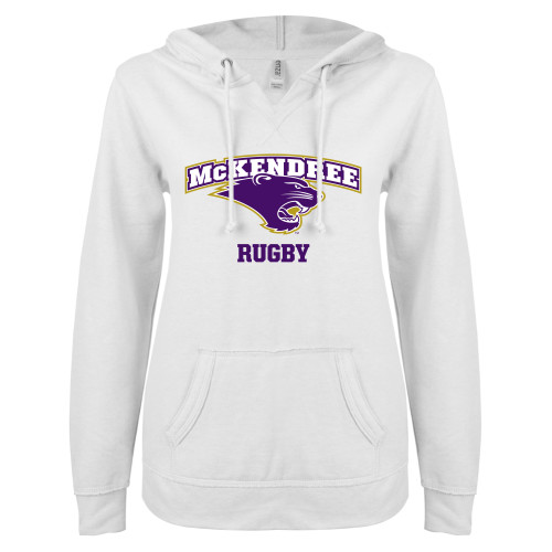  Univ ENZA Womens White V Notch Raw Edge Fleece Hoodie - McKendree Rugby