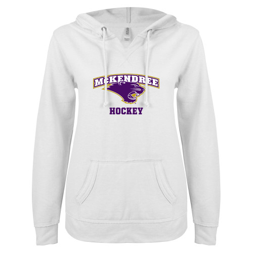  ENZA Womens White V Notch Raw Edge Fleece Hoodie - Hockey
