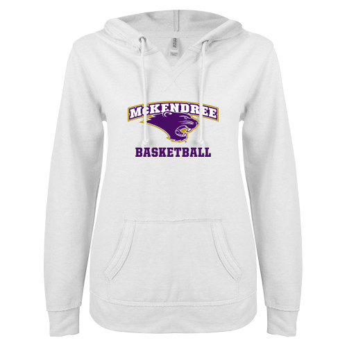  ENZA Womens White V Notch Raw Edge Fleece Hoodie - Basketball