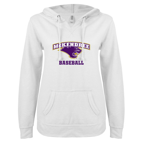  ENZA Womens White V Notch Raw Edge Fleece Hoodie - Baseball