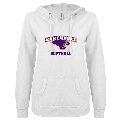  ENZA Womens White V Notch Raw Edge Fleece Hoodie - Softball