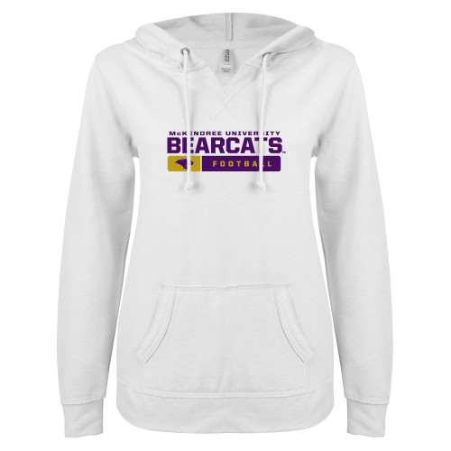  ENZA Womens White V Notch Raw Edge Fleece Hoodie - Bearcats Football Bar