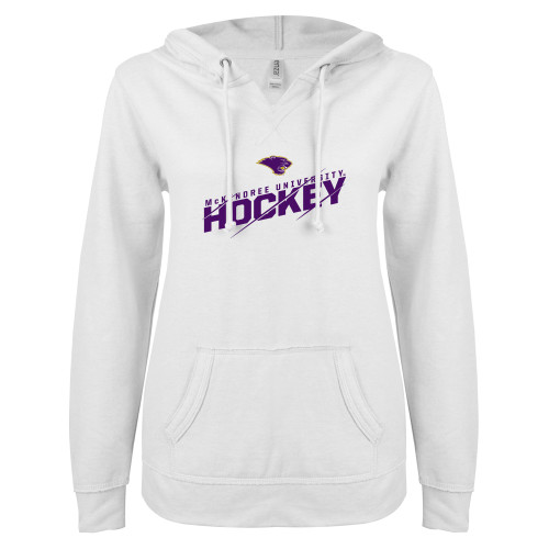  ENZA Womens White V Notch Raw Edge Fleece Hoodie - McKendree University Hockey Slashed
