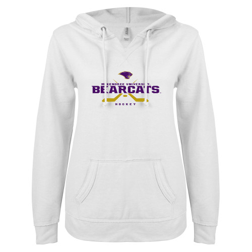  ENZA Womens White V Notch Raw Edge Fleece Hoodie - Bearcats Hockey Crossed Sticks