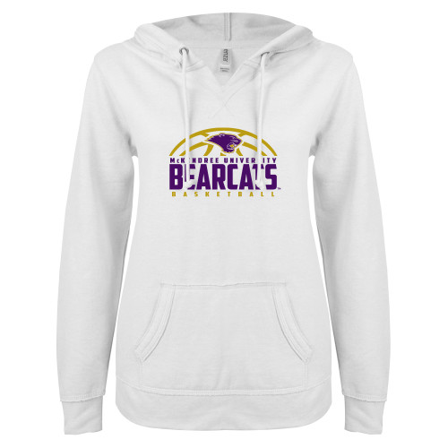  ENZA Womens White V Notch Raw Edge Fleece Hoodie - Bearcats Basketball Half Ball