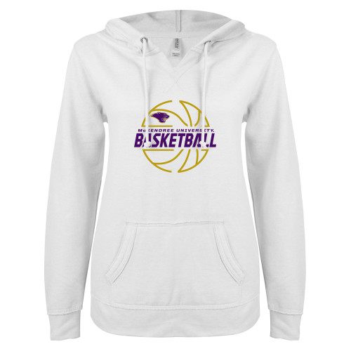  ENZA Womens White V Notch Raw Edge Fleece Hoodie - McKendree Basketball Lined Ball