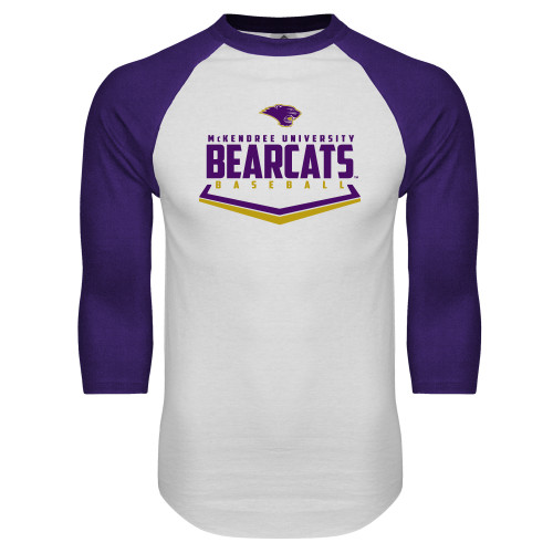  White/Purple Raglan Baseball T Shirt - Bearcats Baseball Plate