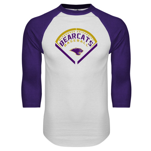  White/Purple Raglan Baseball T Shirt - Bearcats Baseball Stencil Diamond