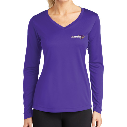  Womens Purple Performance Long Sleeve V Neck Shirt - Primary Mark
