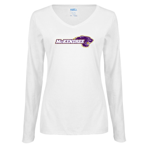  Womens White Long Sleeve V Neck Tee - Primary Mark
