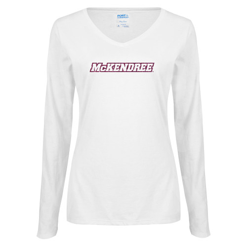  Womens White Long Sleeve V Neck Tee - Word Mark Pink Glitter