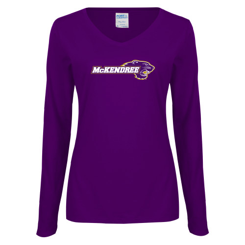  Womens Purple Long Sleeve V Neck Tee  - Primary Mark